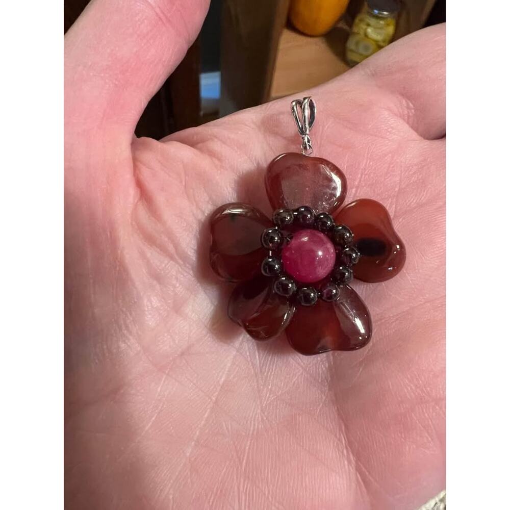 carnelian and amethyst pendant. Sterling silver bale and wrapping.